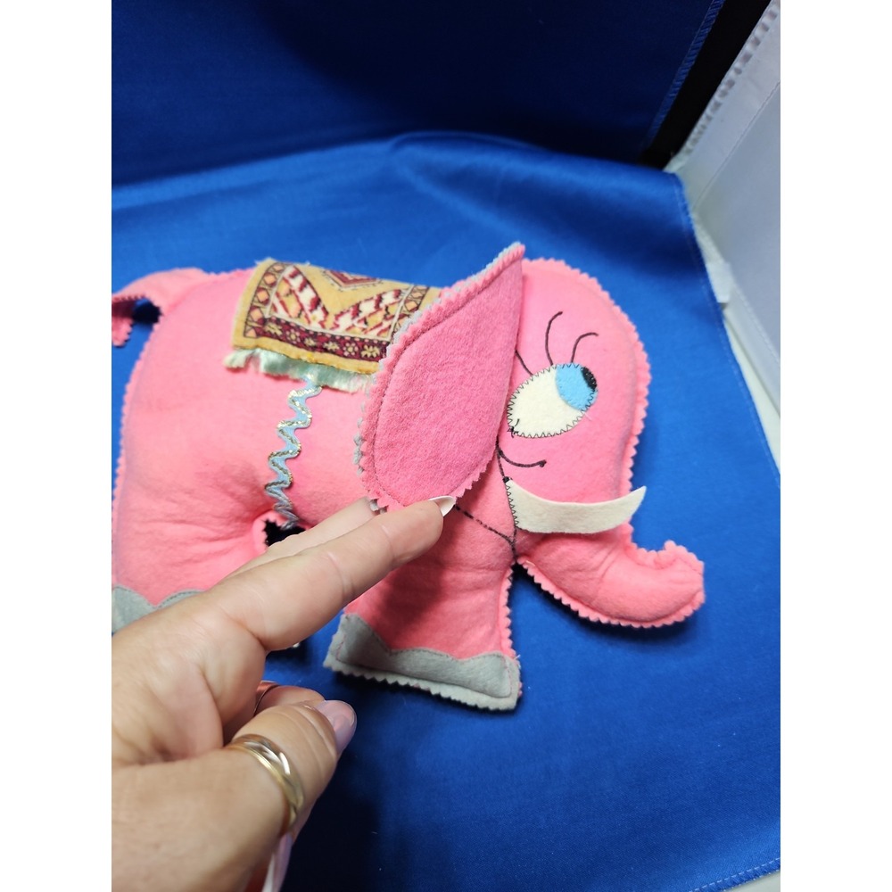 Vintage Felt Pink Elephant Plush 1960s Handmade Kitsch Circus Hidden Eyes 10x8